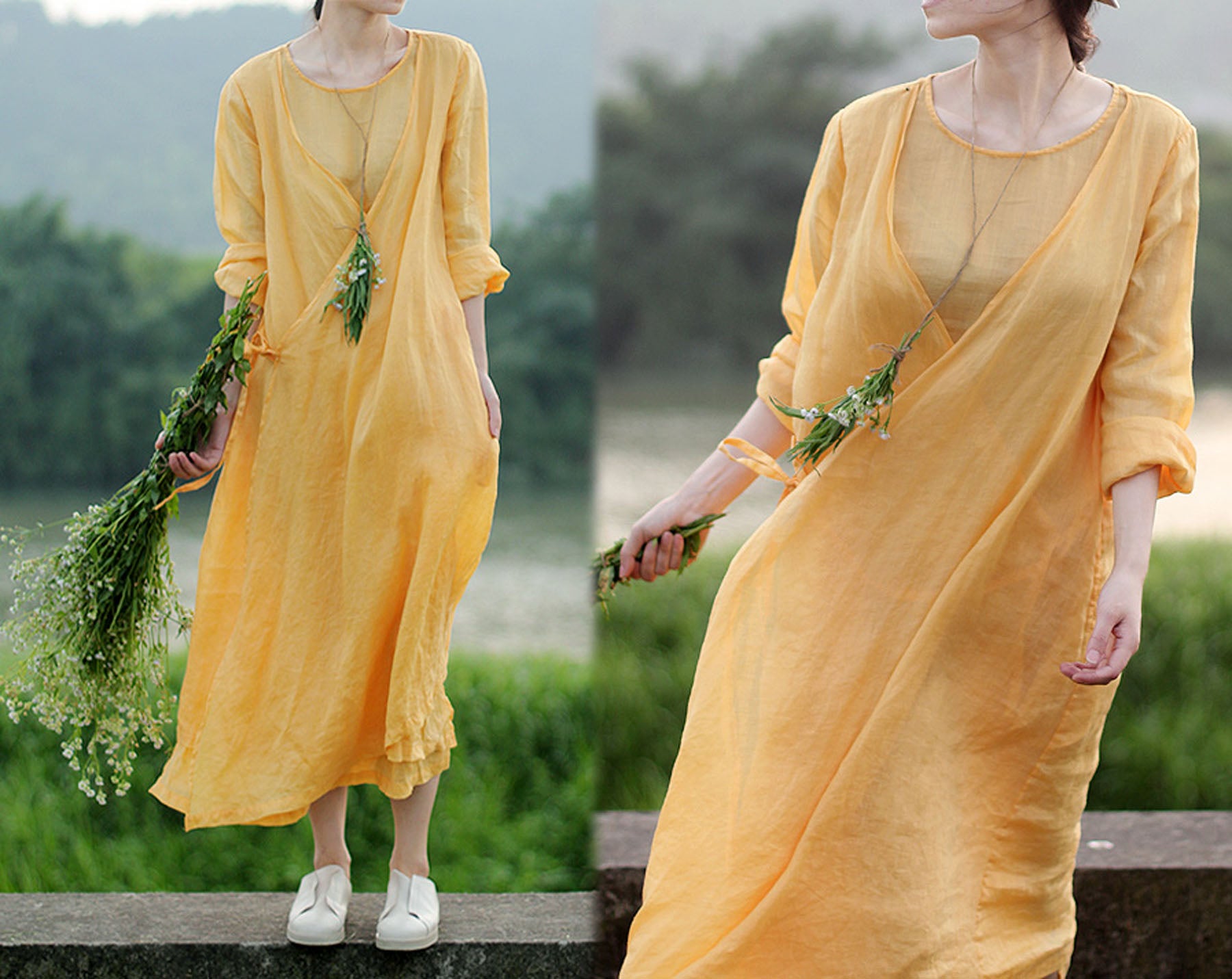 edoa Two Layer Ramie Long Spring Dress 