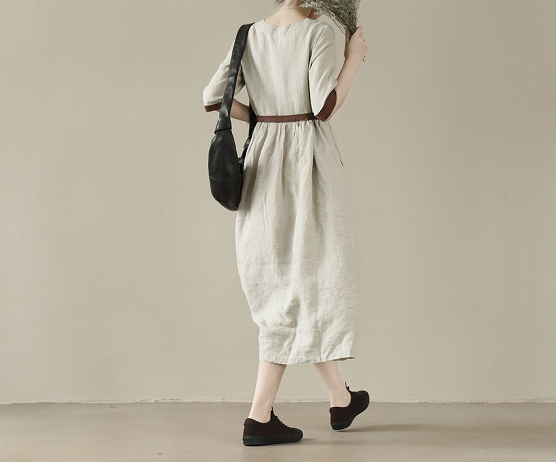 edoa Flax Linen Half Sleeve High Waist Gathering Dress