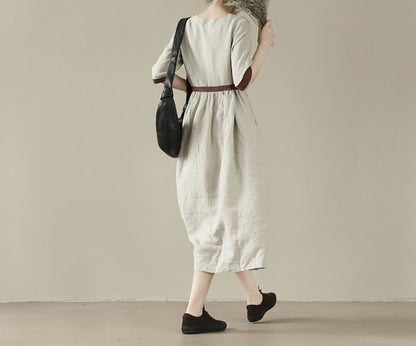 edoa Flax Linen Half Sleeve High Waist Gathering Dress