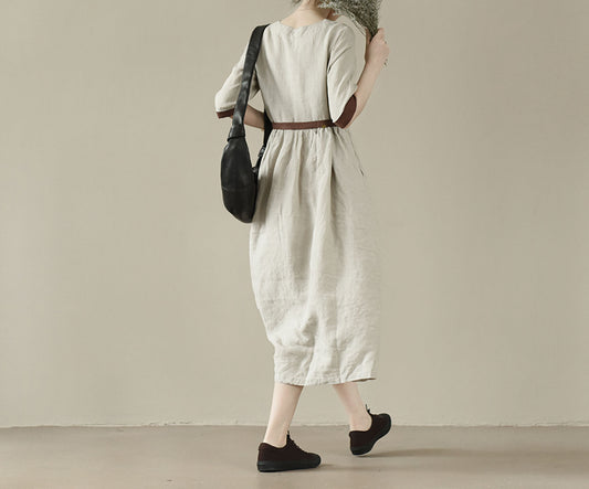 edoa Flax Linen Half Sleeve High Waist Gathering Dress