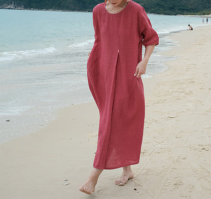 edoa French Linen Pleated Maxi Dress 