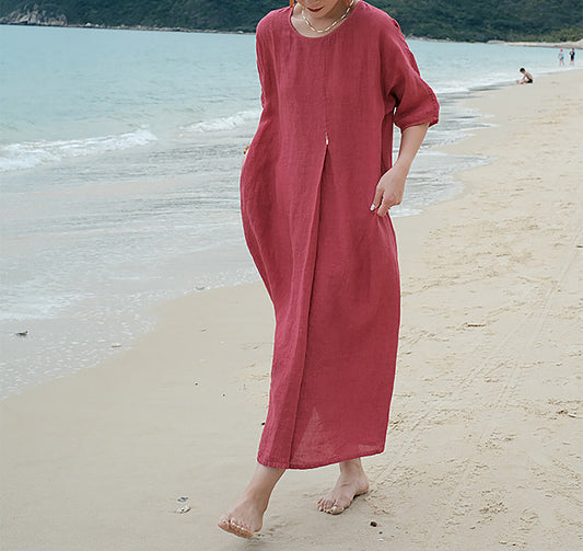 edoa French Linen Pleated Maxi Dress 