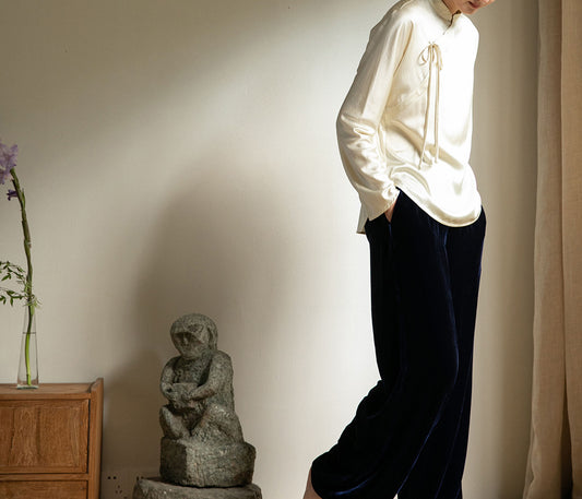 edoa Stone Washed Silk Satin Chinese Blouse