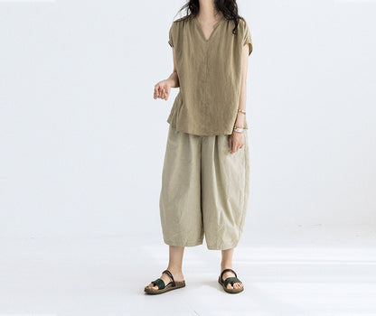 edoa Super Loose Fitting Yarn Dyed Linen V-neck Top