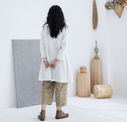 edoa Off White High Counted French Linen Pintucked Trapeze Tunic 