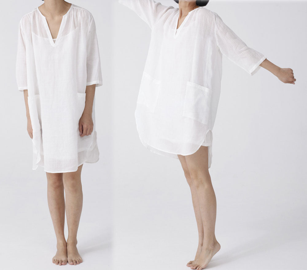 edoa Washed Ramie V-neck White Tunic Dress