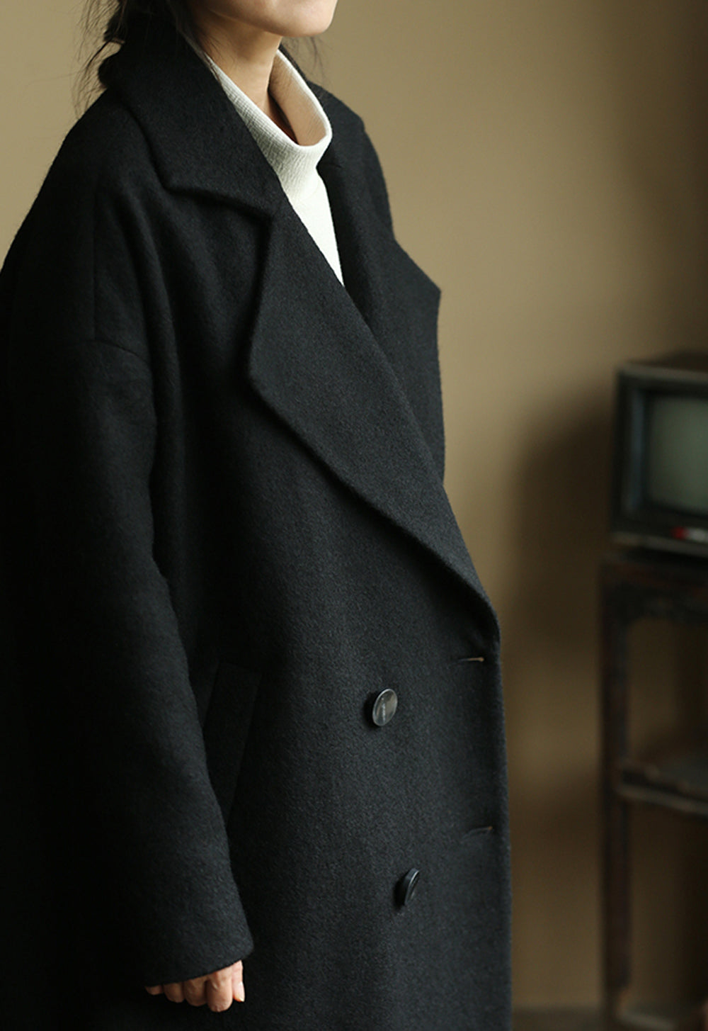 edoa Oversize Double Breasted Knit Wool Cocoon Coat