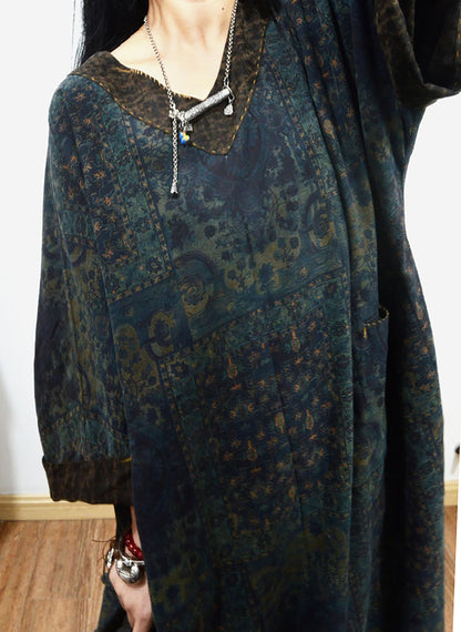 Reversible Loose Fitting Printed V-neck Mud Noil Silk Dress dr0239 X190