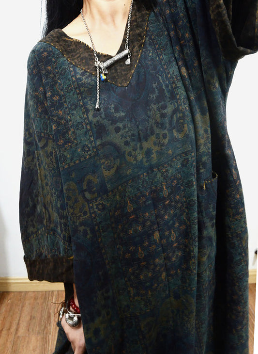 Reversible Loose Fitting Printed V-neck Mud Noil Silk Dress dr0239 X190