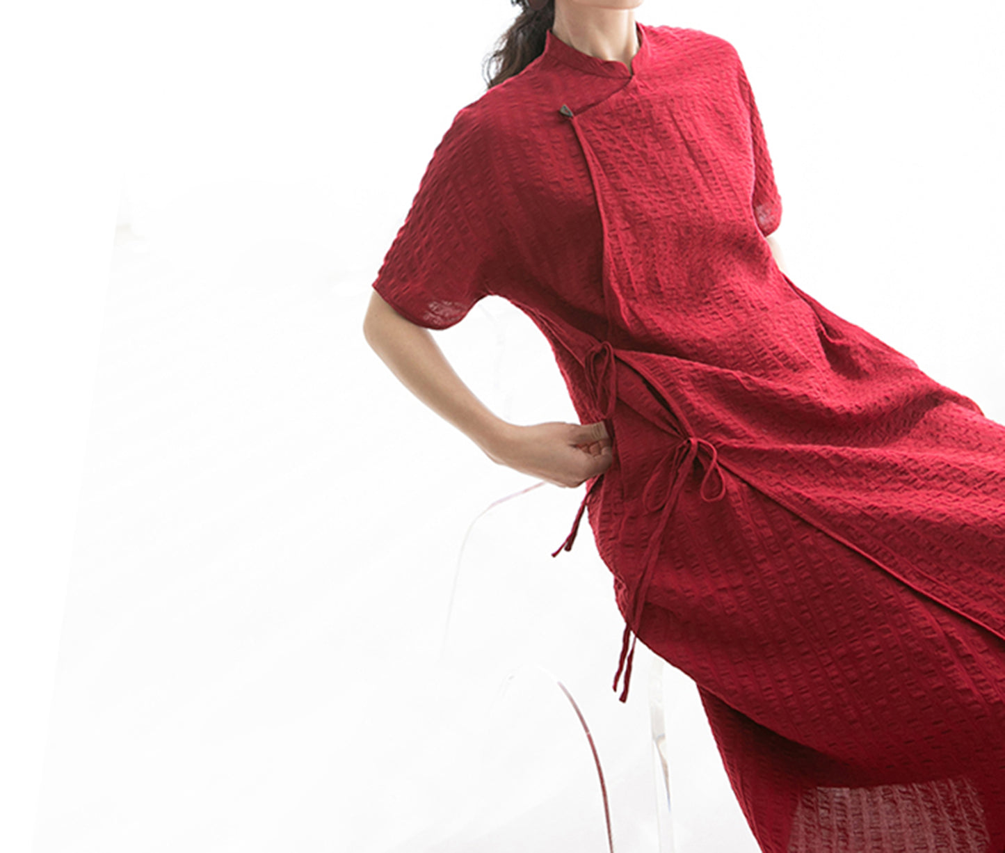 edoa Scarlet Crinkled Stripe Linen Blend Qipao Dress
