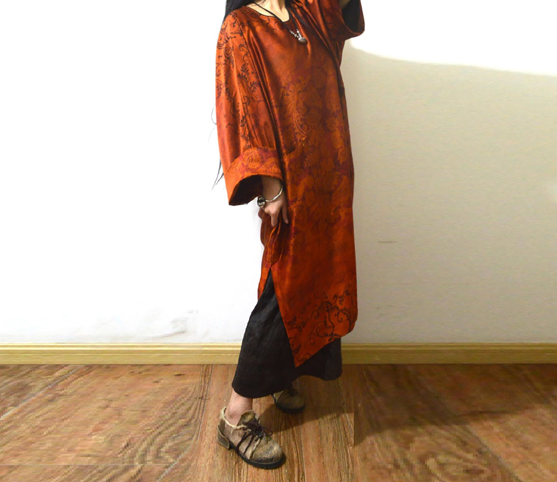 edoa Oversized Printed Mud Silk Charmeuse Kaftan Dress