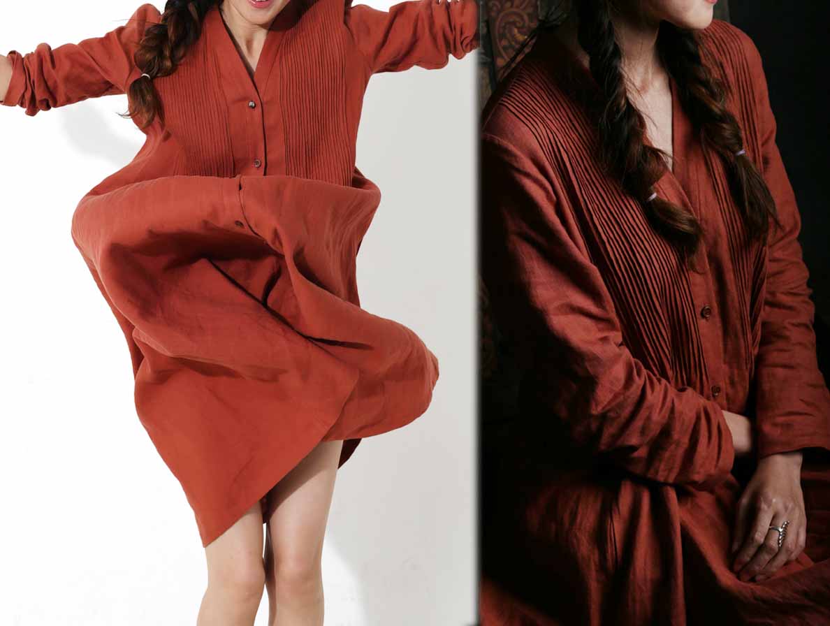edoa Linen Twill Buttoned Hand Pintucked Trench Coat 