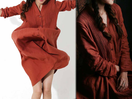 edoa Linen Twill Buttoned Hand Pintucked Trench Coat 
