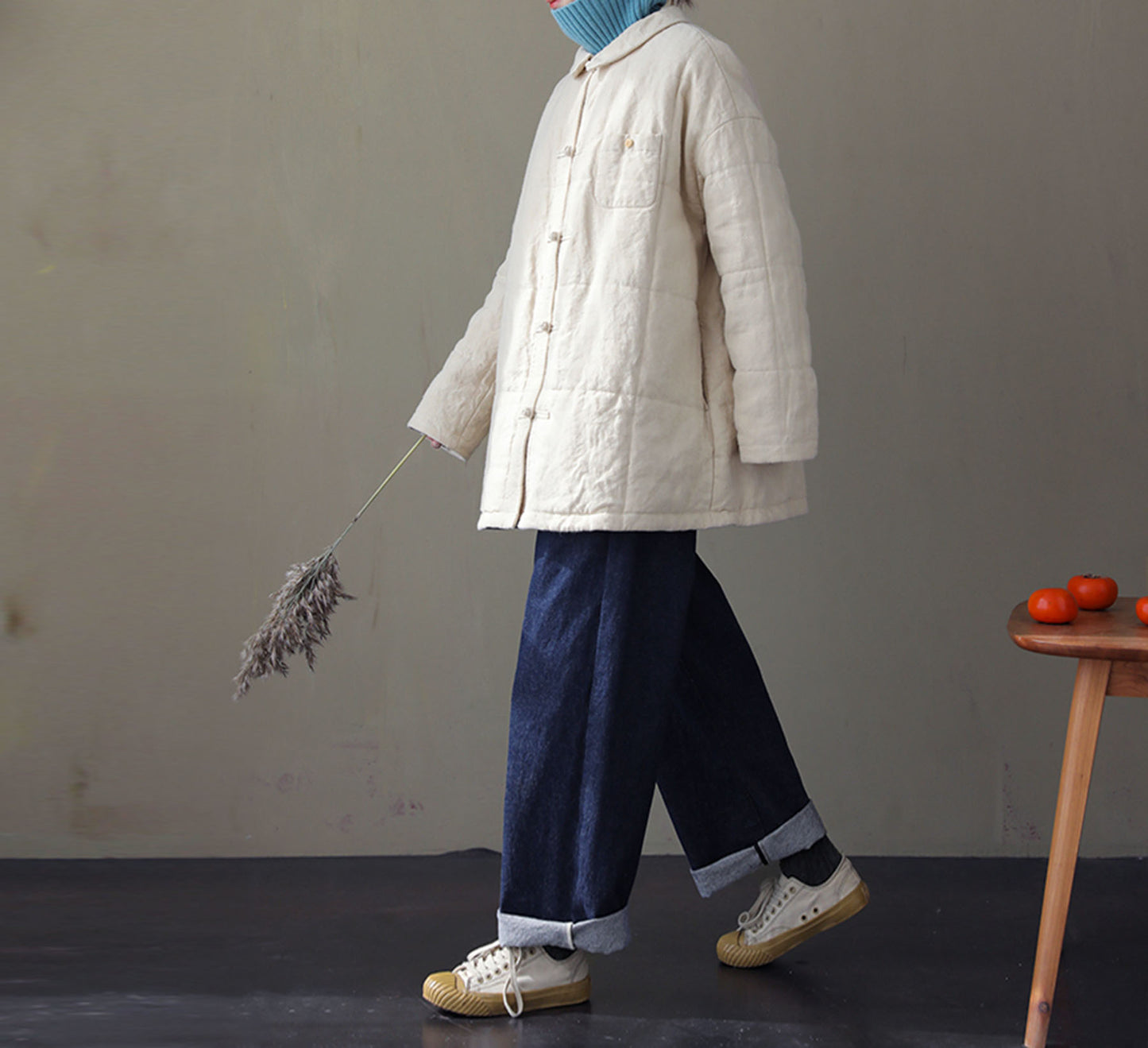 edoa Peter Pan Collar Linen Quilted Modified Chinese Coat 