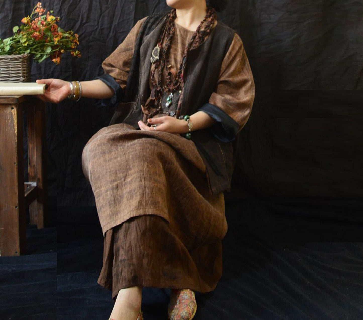 edoa Reversible Loose Fitting Cracked Mud Silk Dress 