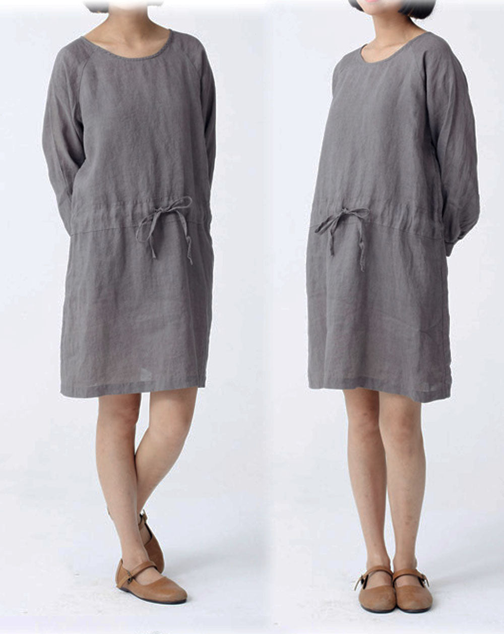 edoa Round Neck Long Sleeve Ramie Dress