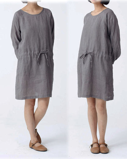 edoa Round Neck Long Sleeve Ramie Dress