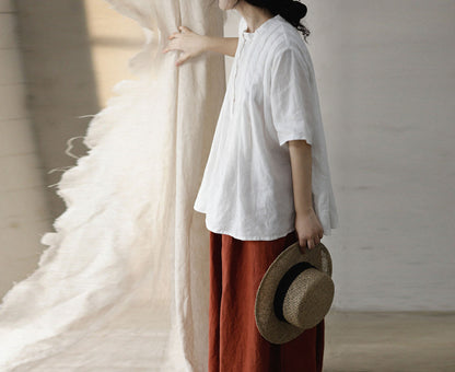 edoa White Pleated French Linen Top