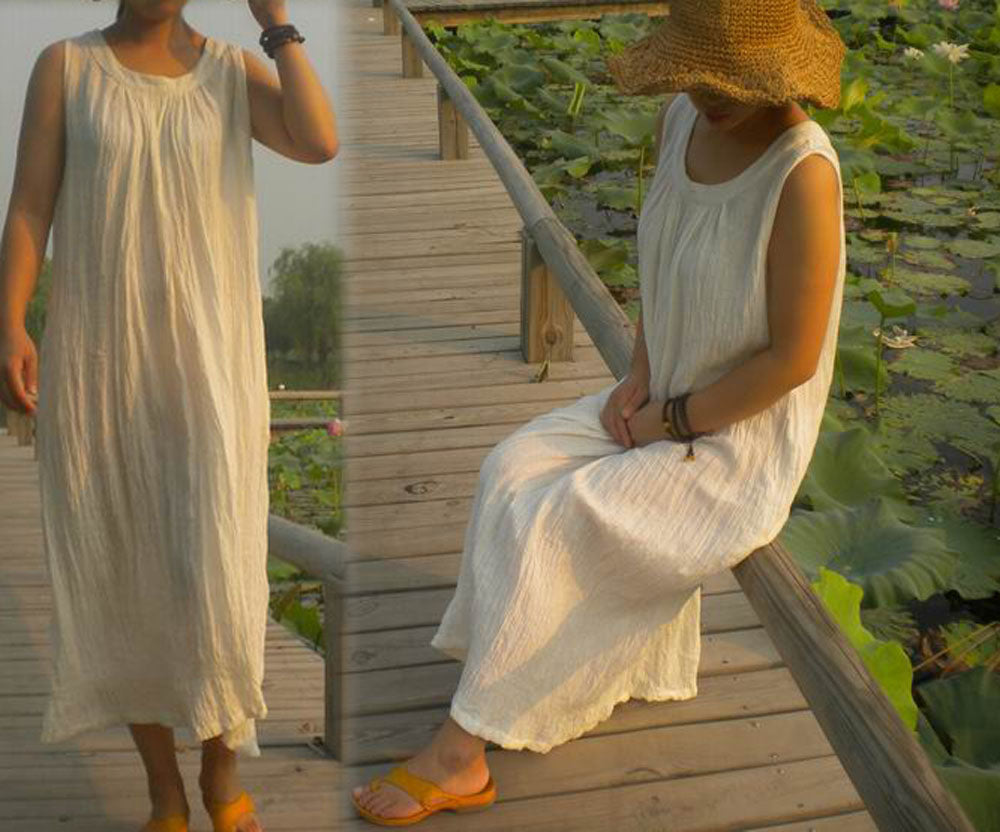 edoa Trapeze Gathered Linen Maxi White Dress 