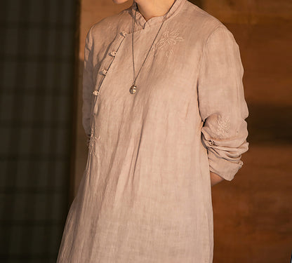 edoa Embroidered Linen Qipao Dress