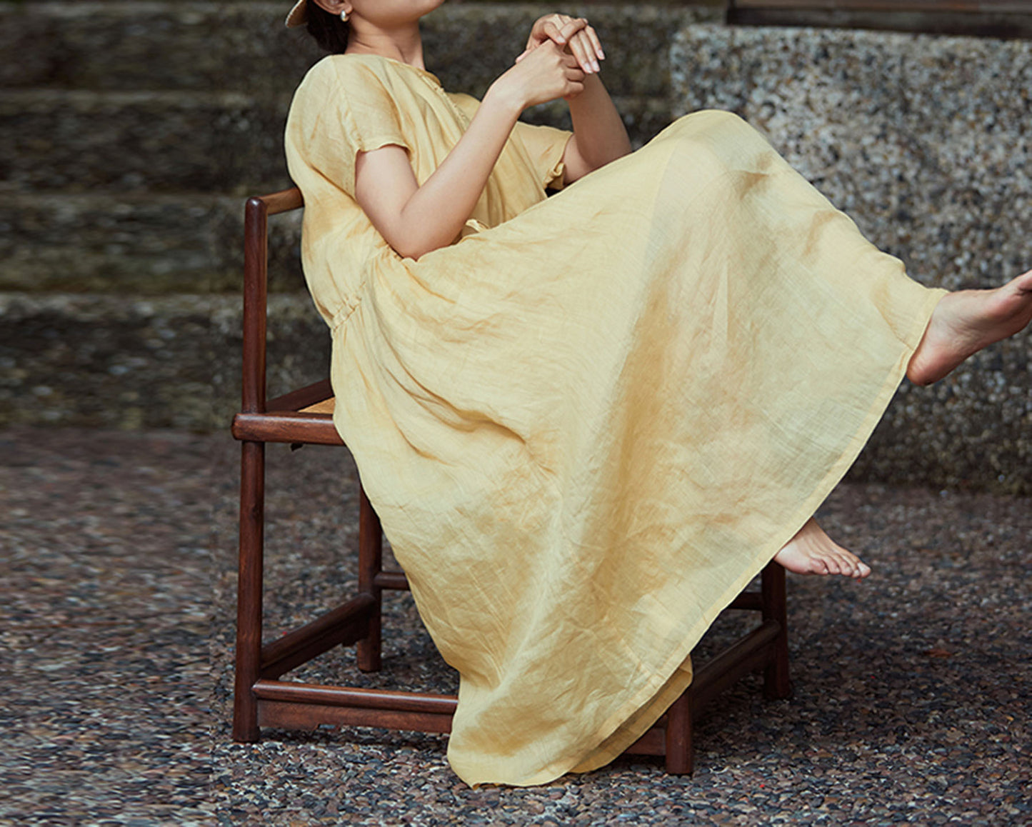 edoa French Knot Embroidery Ramie Dress 