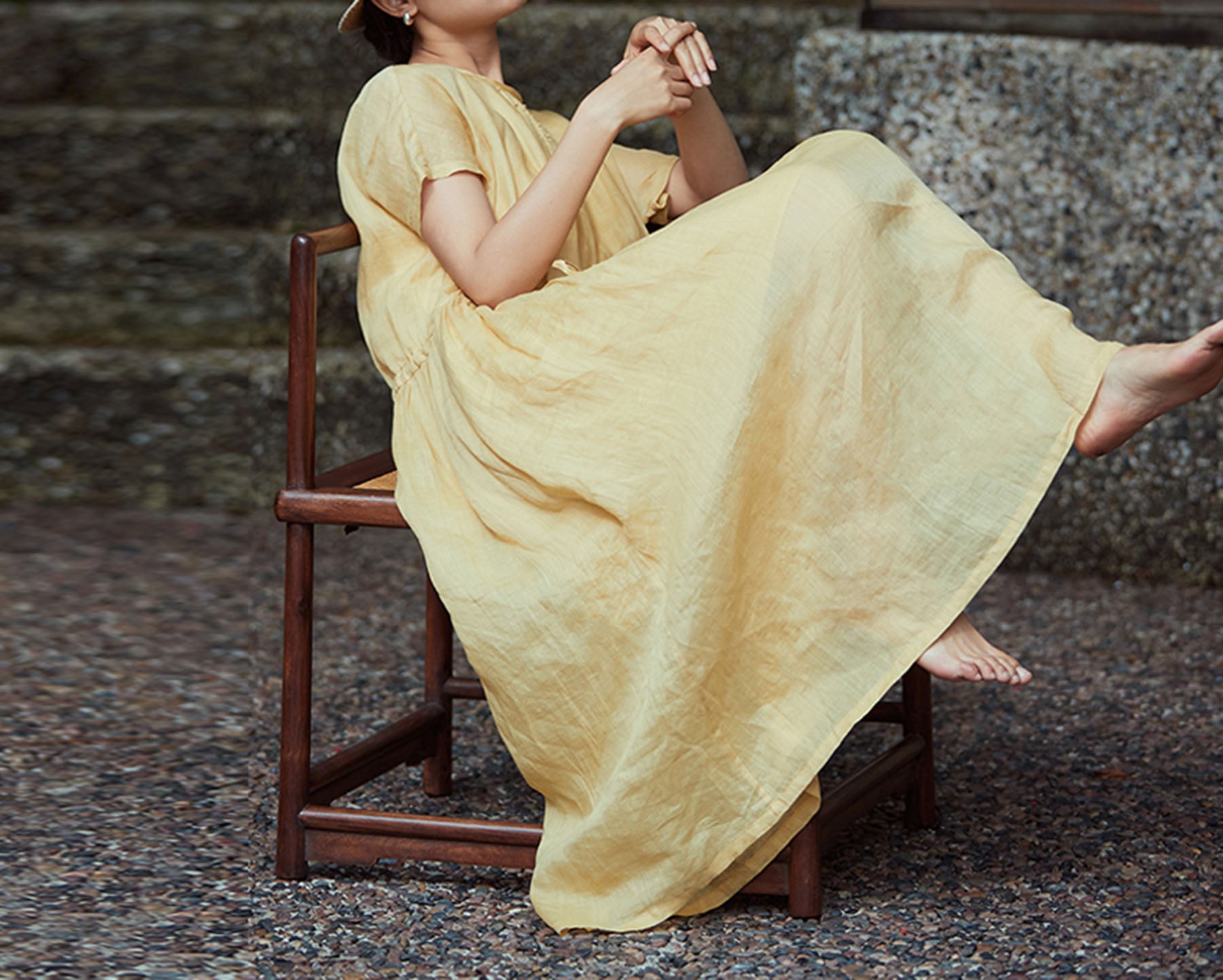 edoa French Knot Embroidery Ramie Dress 