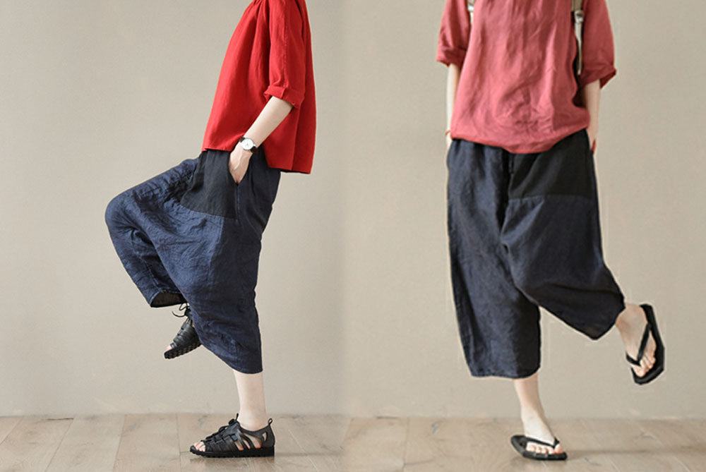 edoa Washed Linen Patchwork Harem Pants