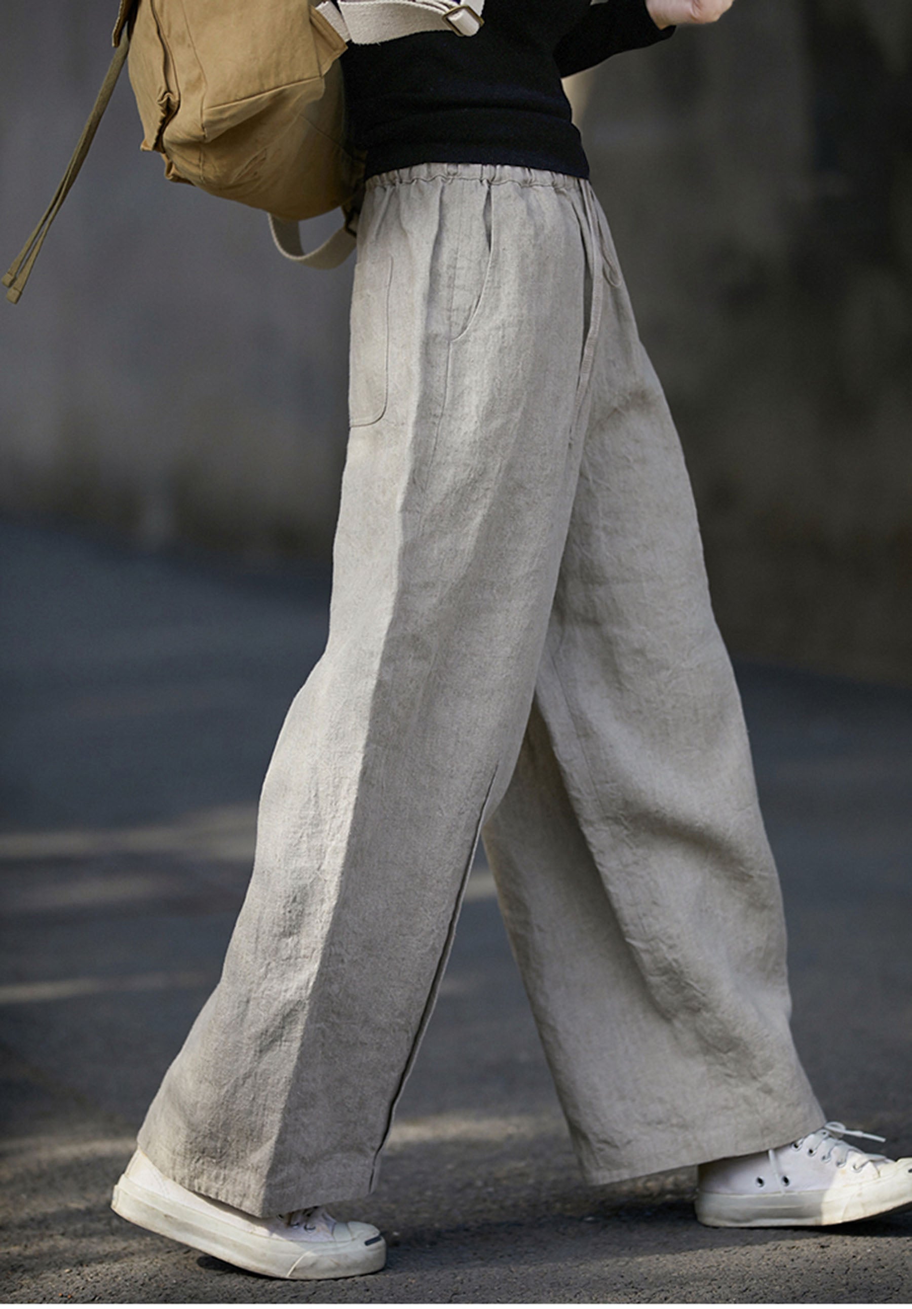 edoa Linen Asymmetric Tucks Wide Leg Crop Pants