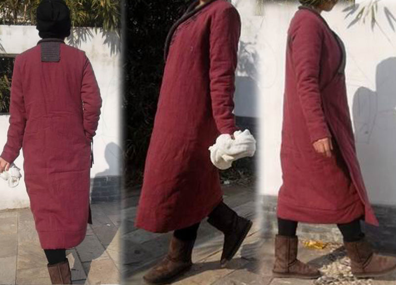 edoa Claret Cable Knit Collar Linen Padding Knee Coat