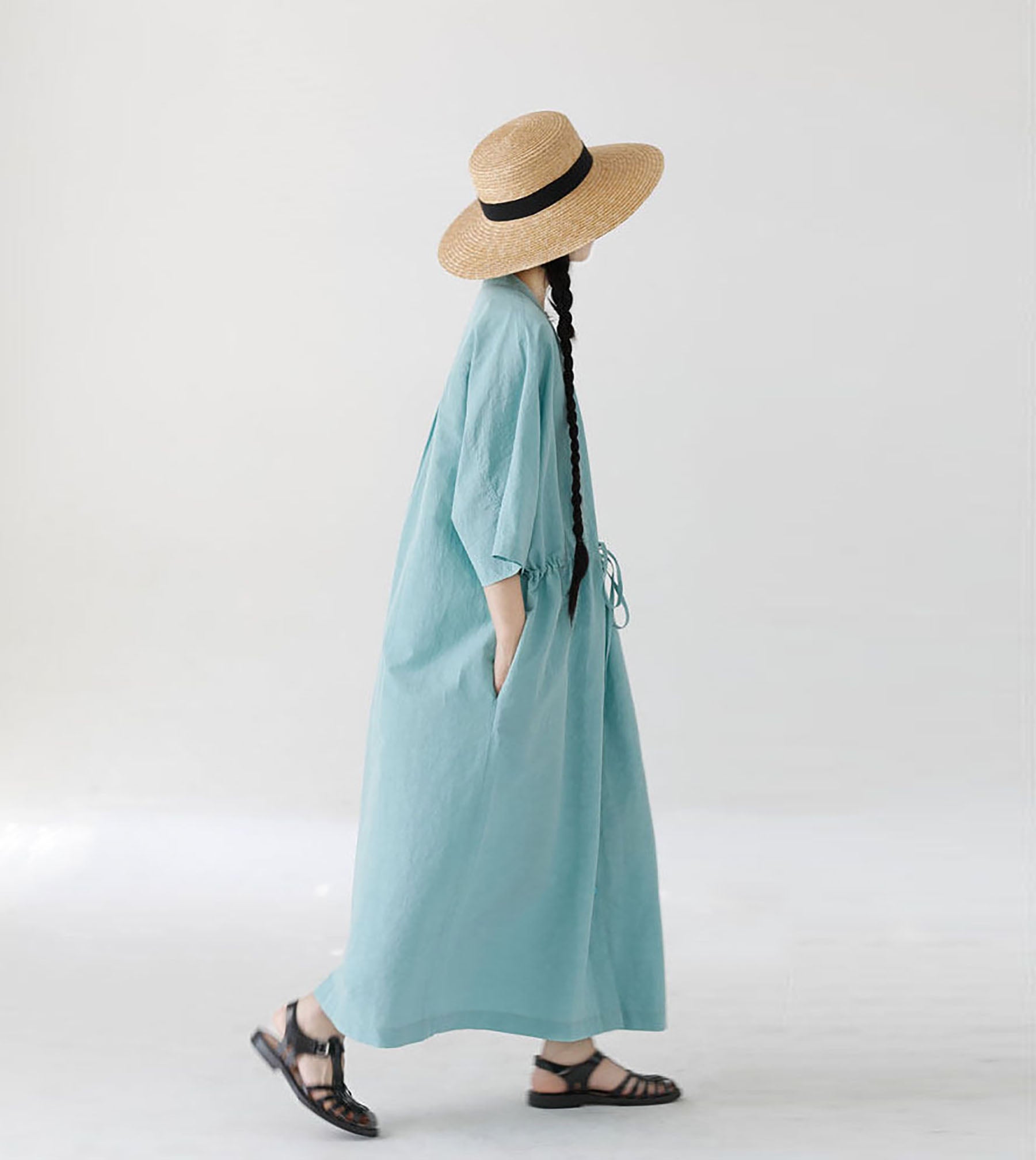 edoa Super Loose Light Blue Linen Shirtdress