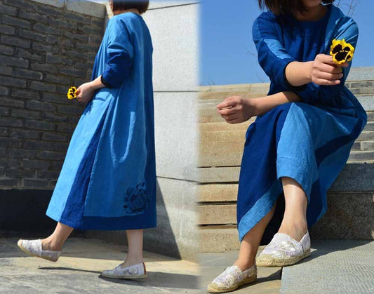 edoa Plant Dyed Patchwork Indigo Blue Cotton Dress