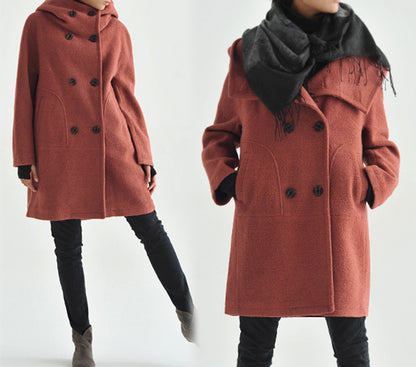 edoa Hooded Double Breasted Wool Boiucle Cocoon Coat