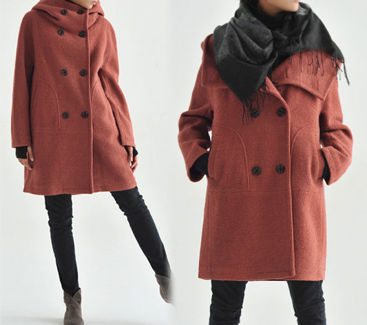 edoa Hooded Double Breasted Wool Boiucle Cocoon Coat
