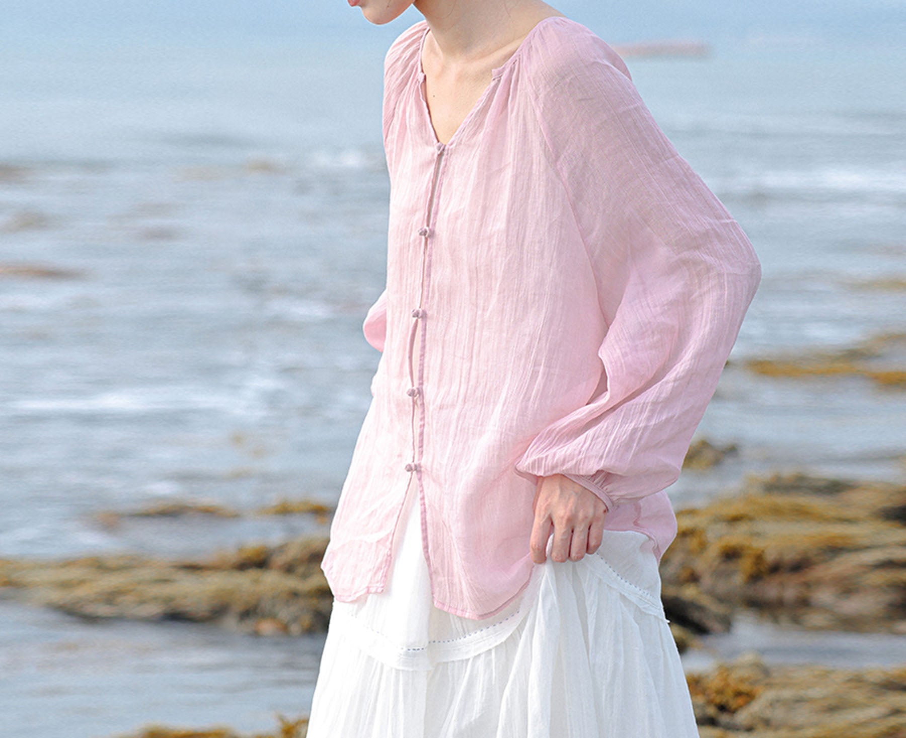 edoa Loose Pink Crinkled Ramie Rayon Blend Chinese Blouse