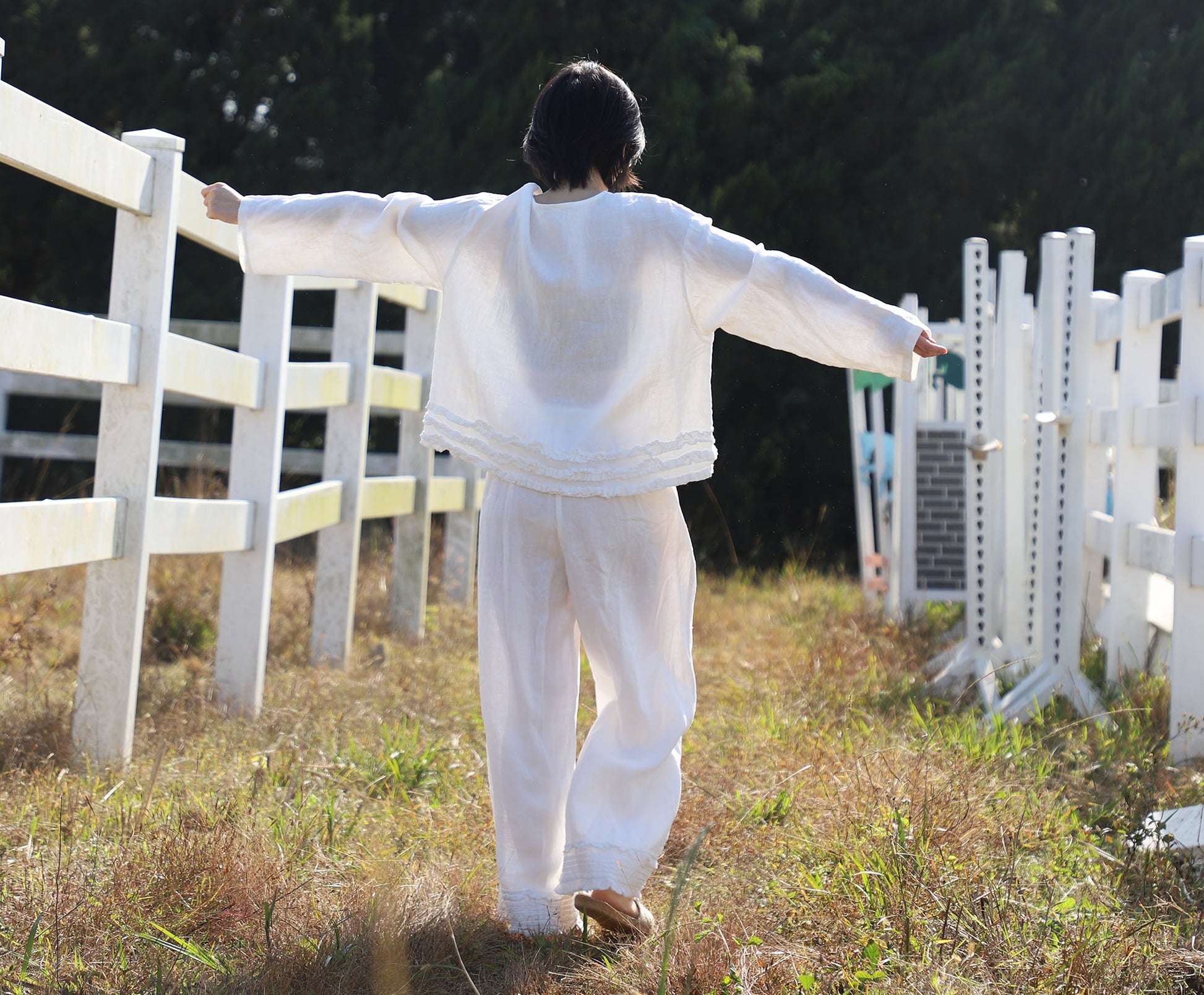 edoa White Linen Wide-leg Ruffled Resort Pants 