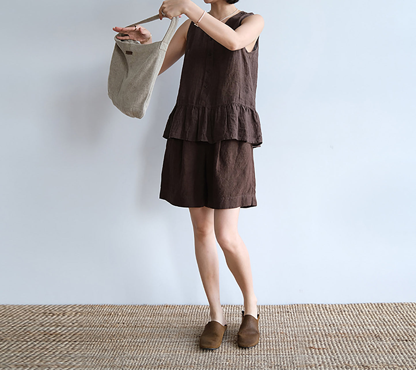 edoa Brown Yarn Dyed Linen Tank Top