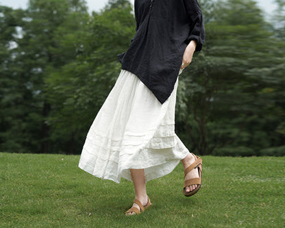 edoa Thin Linen Horizontal Pleated Skirt 