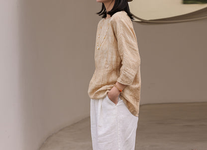edoa Distressed Crinkled Linen Top with Hand Embroidery 