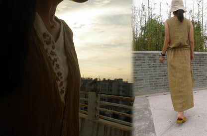 edoa Hand Embroidered Textured Ramie Mock Layer Dress