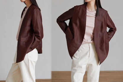 edoa Rusty Mud Silk Collarless V-neck Blazer