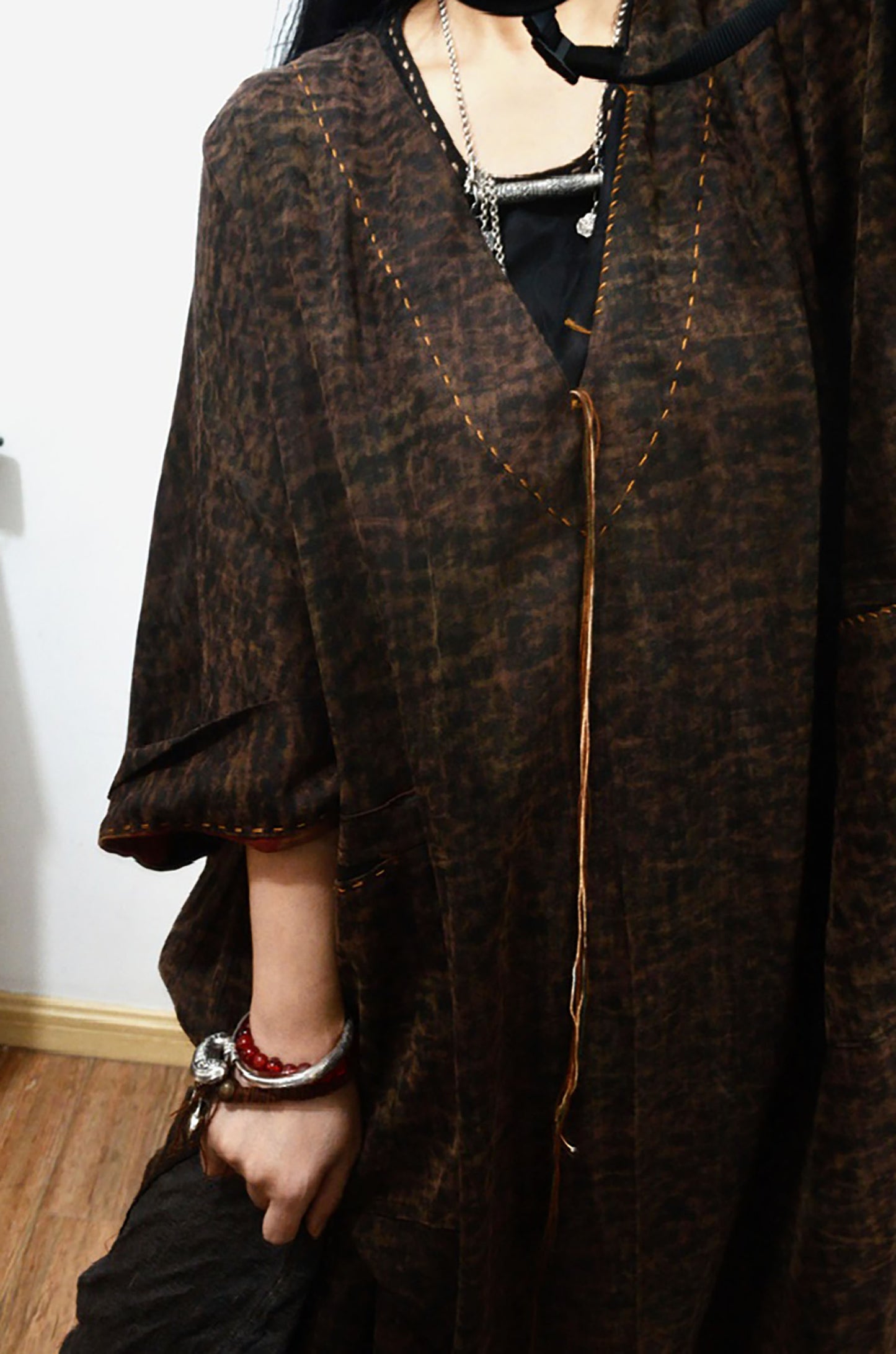 edoa Reversible Loose Fitting Deep V-neck Printed Mud Noil Silk Dress