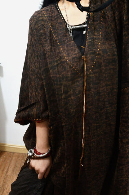 edoa Reversible Loose Fitting Deep V-neck Printed Mud Noil Silk Dress