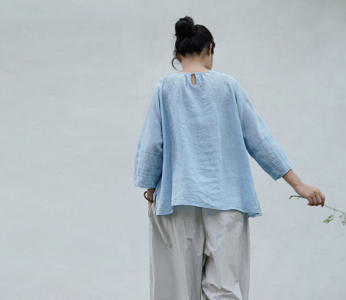 edoa Baby Blue Washed High Count Linen Blouse