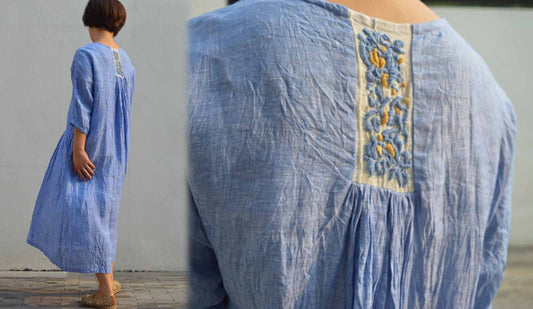 edoa Yarn dyed Linen Dress with Hand Embroidery 