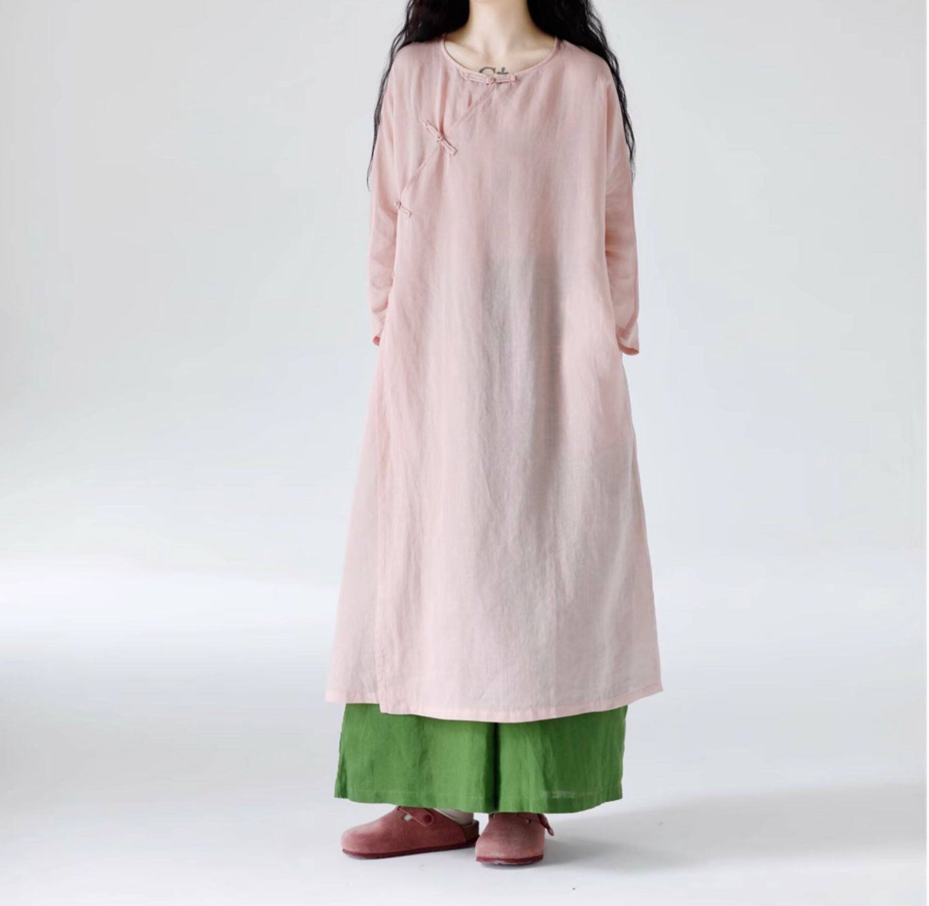 edoa Loose New Chinese Style Pink Ramie Bracelet Sleeve Cheongsam Dress