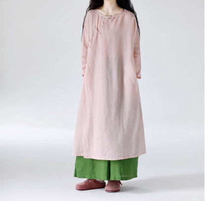 edoa Loose New Chinese Style Pink Ramie Bracelet Sleeve Cheongsam Dress