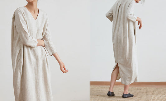 edoa Flax Linen V-neckline Cocoon Dress 