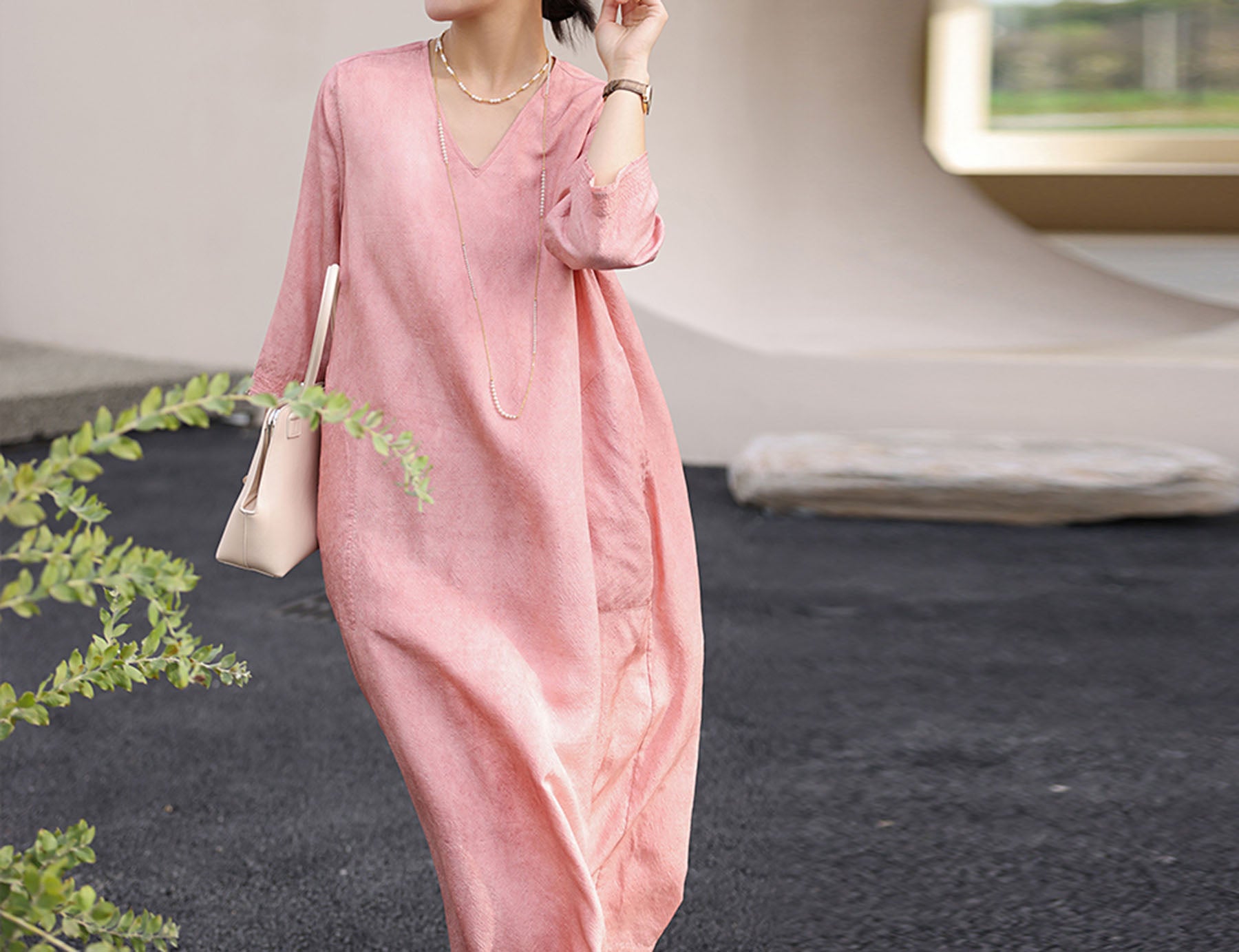 edoa Distressed Plant Dyed Tussah Silk V-neck Dress
