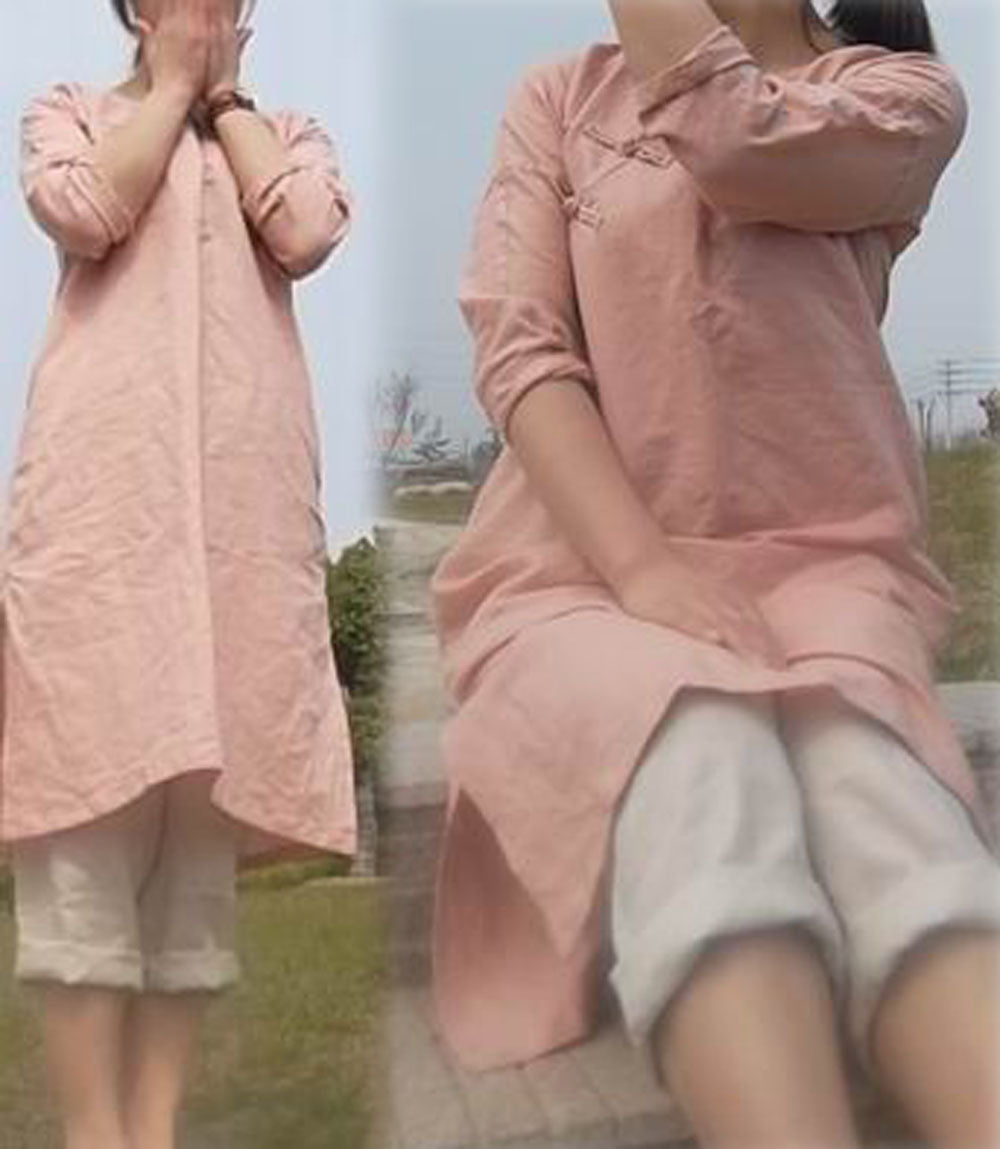 edoa Pink Linen Modified Qipao