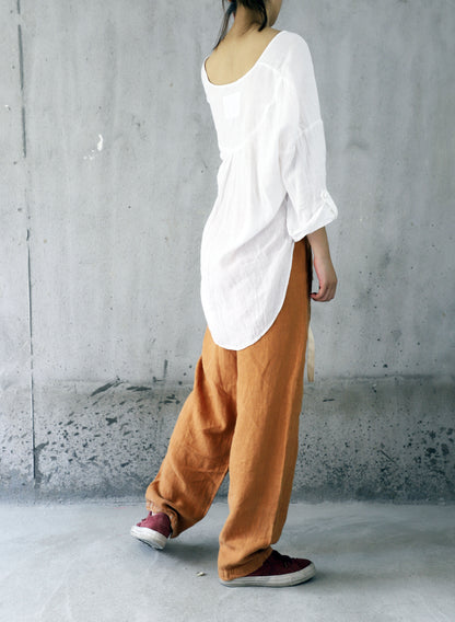 edoa Loose Fitting Front Pleated Linen Pants 
